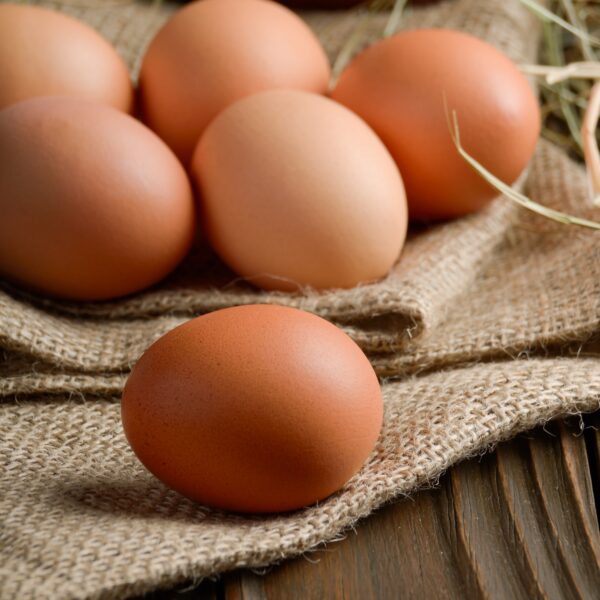 Fresh brown organic chicken eggs on wooden table and hemp burlap